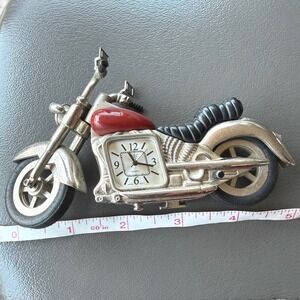Vintage Miniature‎ Motorcycle Desk Clock Silver Red Cruiser Japan Quartz WORKS